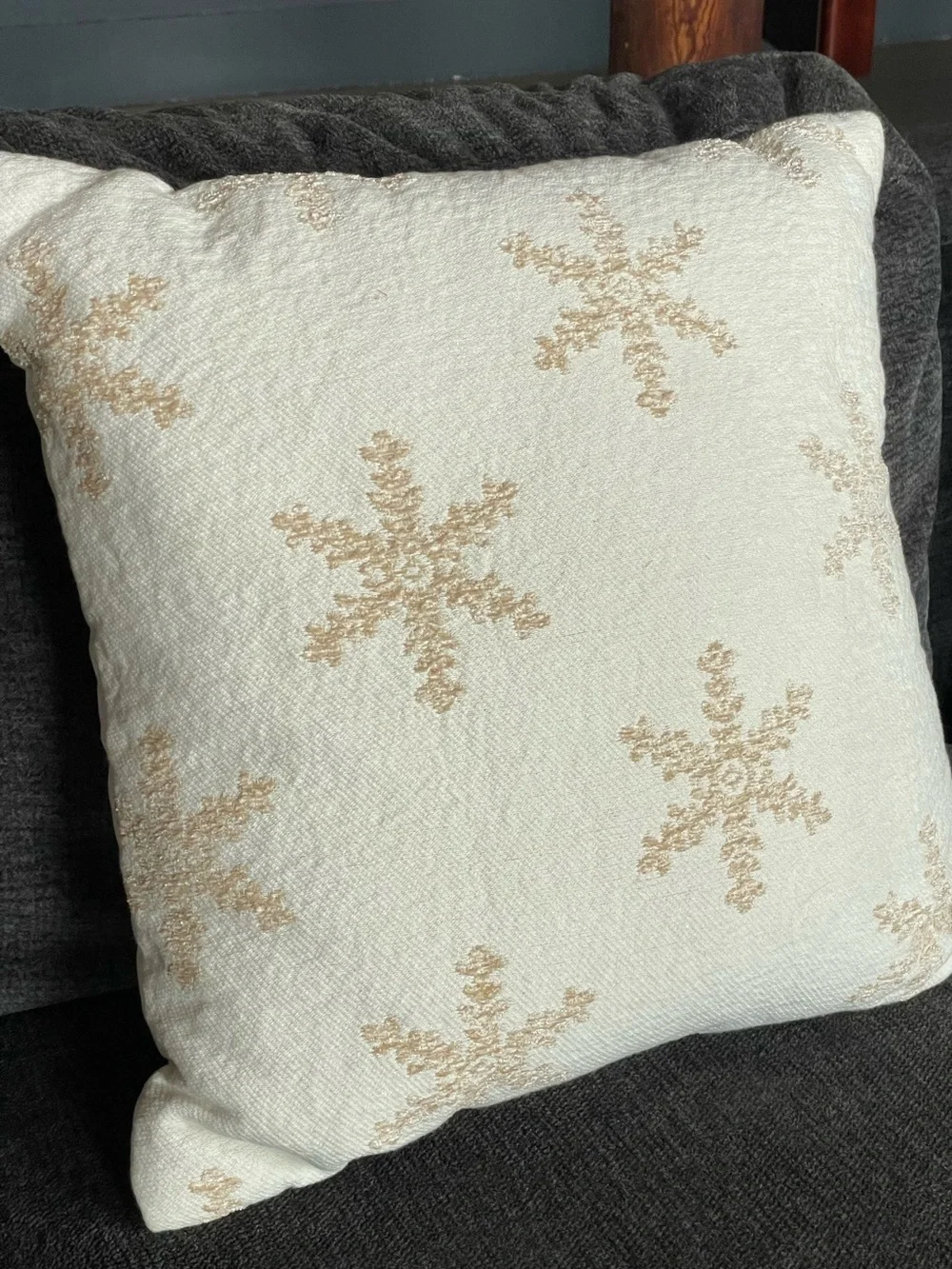Holiday Snowflake Textured Throw Pillow - White and Gold - 18” x 18”